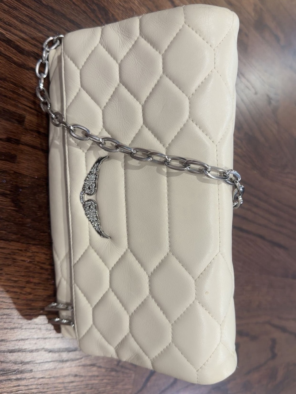 Zadig & Voltaire Cream Quilted Shoulder Bag with Silver Chain